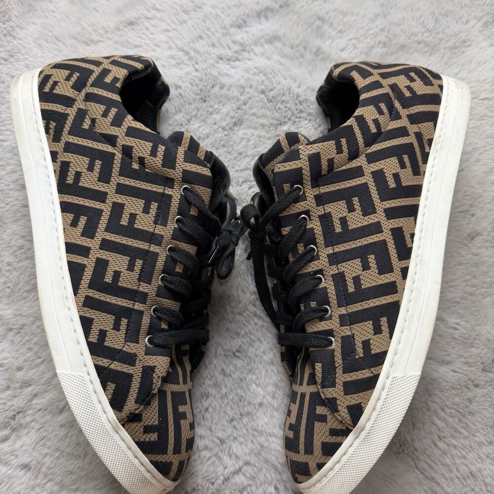 Fendi Men's Brown Black FF Logo Perforated Domino Sneakers Size 10